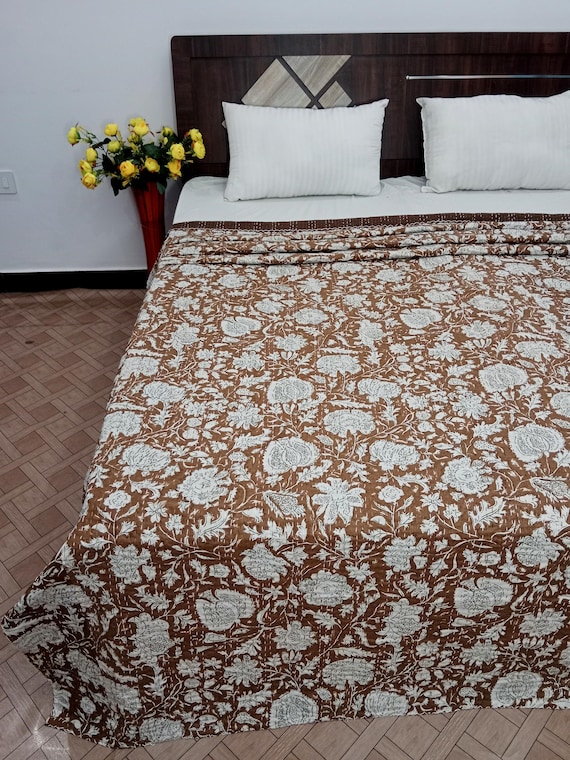 Brown Kantha Quilt Elisa Hand Block Print Indian Natural Color Floral Print Quilt, Hand Stitched Natural vegetable dye Home Decor Bedding