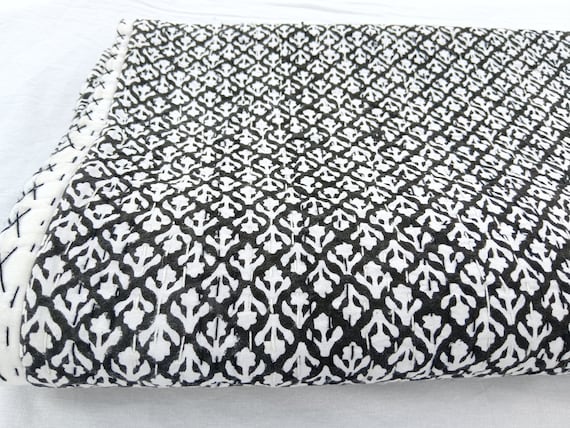 Black Kantha Quilt Handblock Print Black& white floral Kantha Indian Netural Colour Indian inspired Bedding Hand Stitched Rural Kantha Quilt