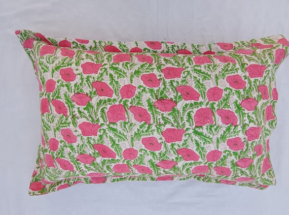 2 Pieces Beautiful Handblock print Floral Print Pillow Covers Cotton Fabric 18x28 Inches Size Natural Colour