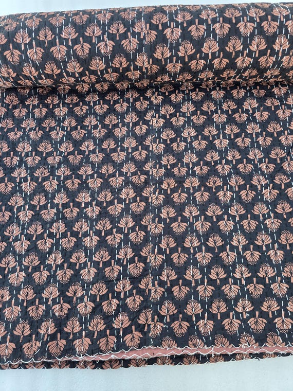 Floral Kantha Quilt: Handblock Print Indian Queen Size Quilt