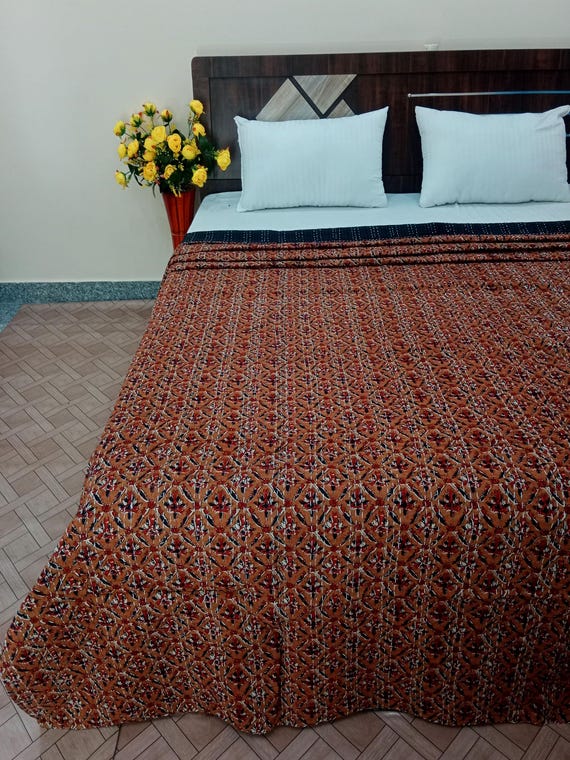 Premium Kantha Quilt Hand block Print floral Kantha Indian Color full-size quilted bedspreads kantha Quilt, Eco Friendly Blanket For Home