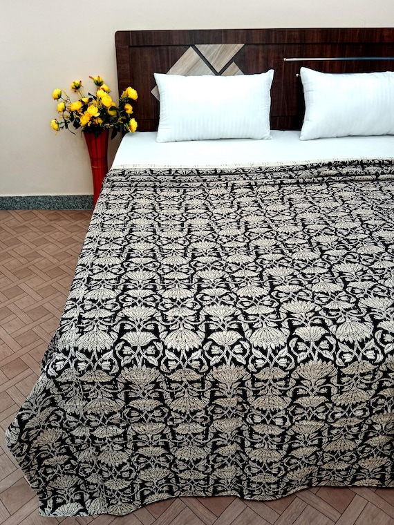 Hand-Stitched Kantha Quilt: Floral Block Print Cotton Bedding