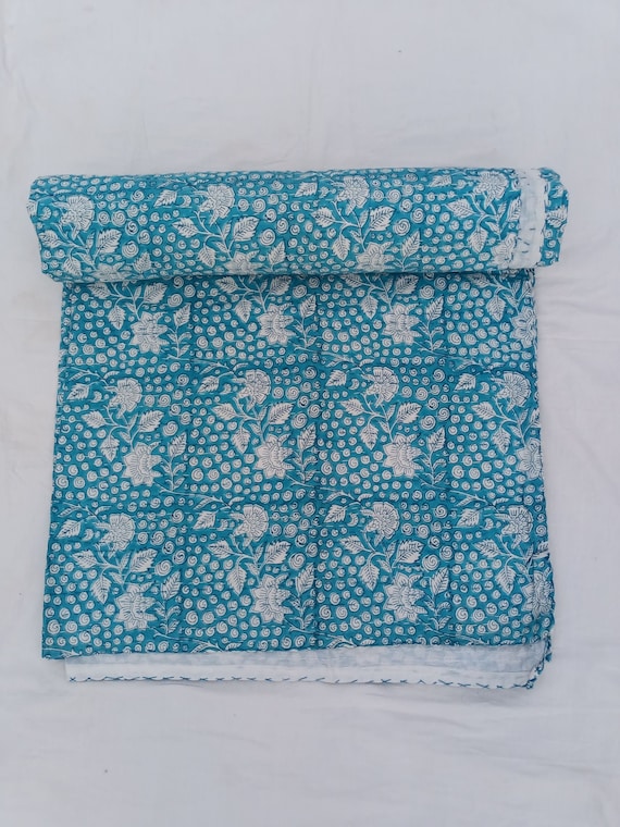 Blue floral Kantha Quilt Handblock Print floral Kantha Indian Netural Colour Indian inspired Bedding Hand Stitched Rural Quilted Blue kantha