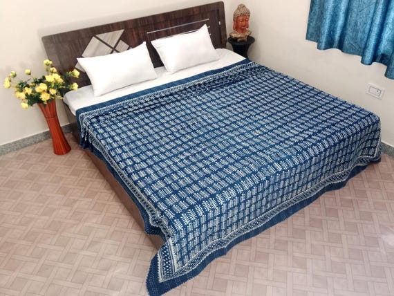 Indigo Hand Block Print Kantha Quilt: Floral Cotton Bedspread