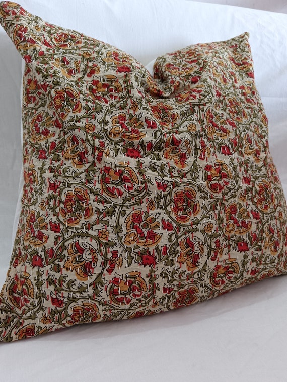 Handmade Kantha Pillow Cover: Floral Block Print Cotton Cushion