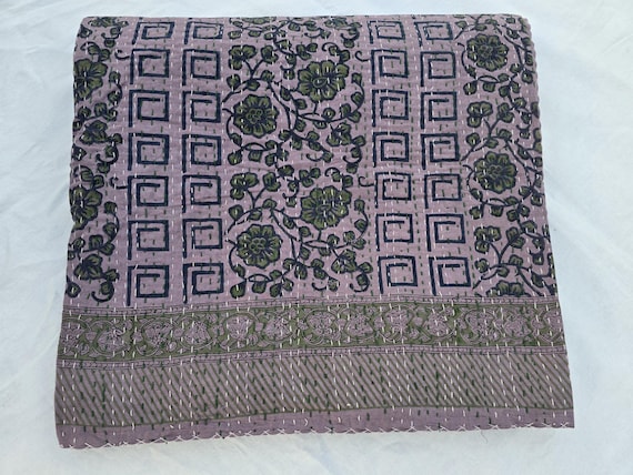 Floral Kantha Quilt, Vintage Block Print Bedding, Handmade Cotton Bedspread