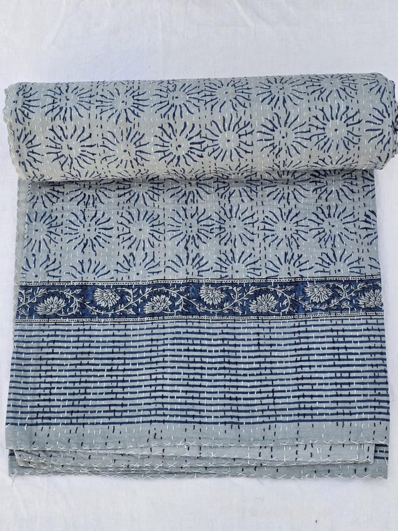 Floral Kantha Quilt, Vintage Block Print Bedding, Handmade Cotton Bedspread