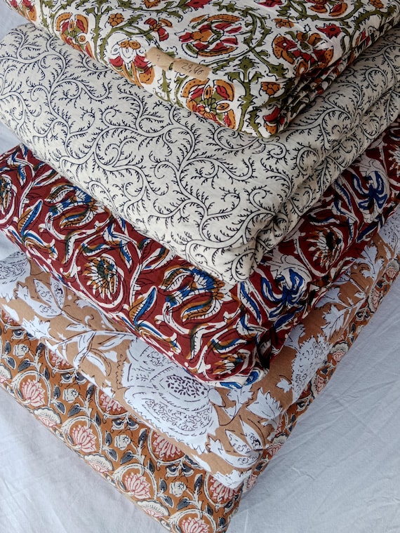 Floral Print Hand Block Printed Cotton Fabric: Lightweight Upholstery & Crafting Block Print Fabric