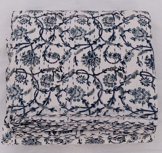 Kantha Quilt Handblock Print floral Kantha  Indian Netural Colour Indian inspired Bedding Hand Stitched Rural Quilted bedding bedspread