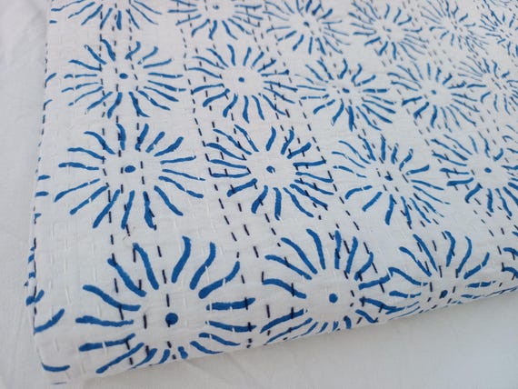 Premium Blue Kantha Sun Bordered Design Indian Hand Block Print Cotton Bedding Bedspread Full size Queen Quilt Hand Stitched Kantha Quilt