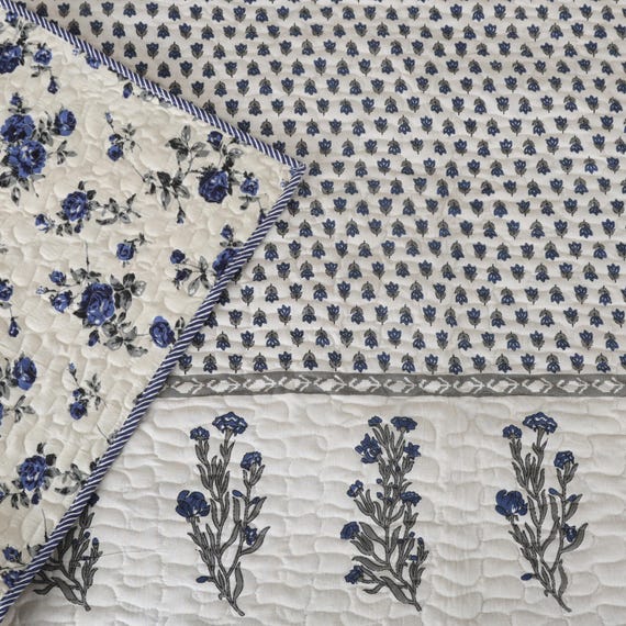 Handblock Floral Quilt Queen Size, Indian Kantha Quilt, 100% Cotton, Boho Bedding, Floral Coverlet