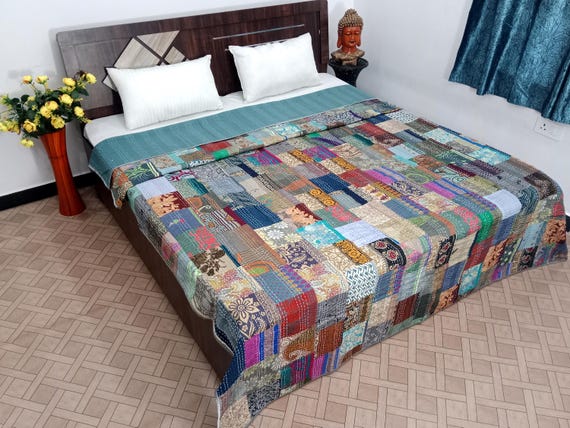Handmade Patchwork Kantha Quilt: Vintage Indian Bedding  Bedspread