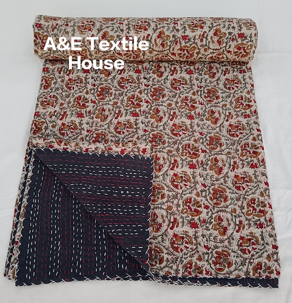 Hand Block Print Kantha Throw Blanket: Lightweight Floral Boho Bedding