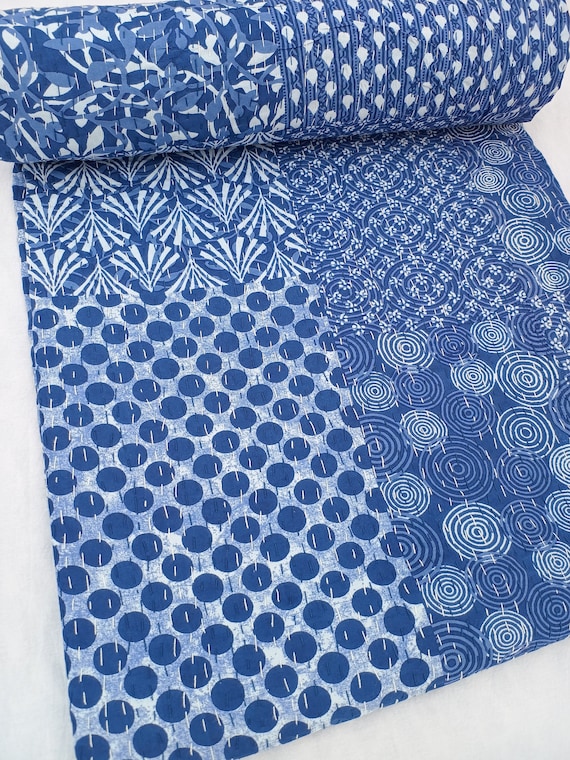 Handmade Blue Floral Kantha Quilt: Indian Cotton Bedspread