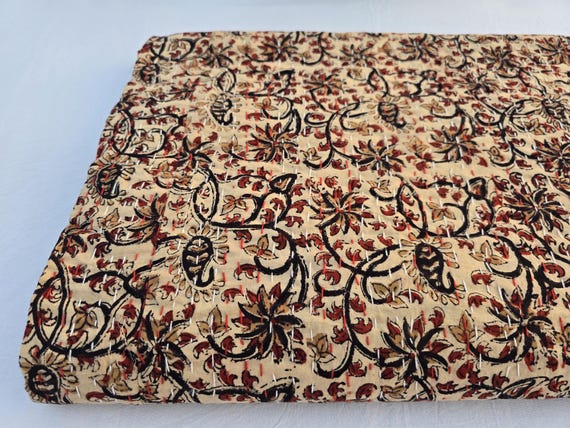 indain Kantha Quilt Handblock Print floral Kantha Indian Beddding Netural Colour Indian inspired Bedding floral quilt king queen twin size