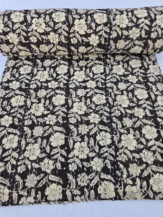 Floral Kantha Quilt, Vintage Block Print Bedding, Handmade Cotton Bedspread