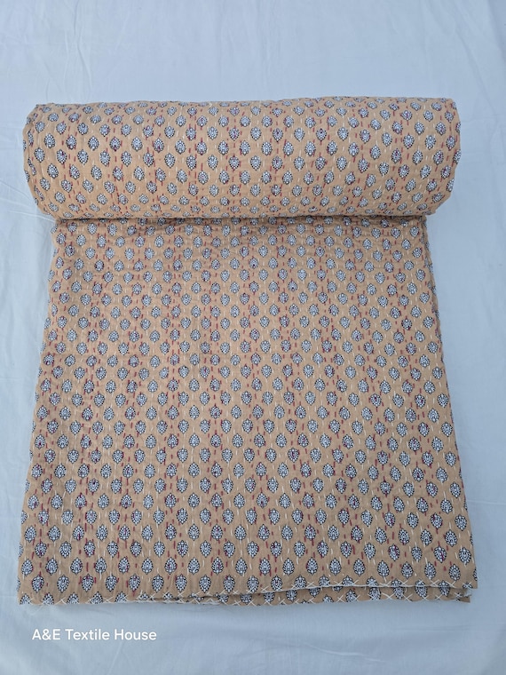 Kantha Quilt Bedding Hand Block Print Floral Blanket Indian Natural Color, Hand-Stitched Rural Kantha Bedding, Ethnic Home Décor Style