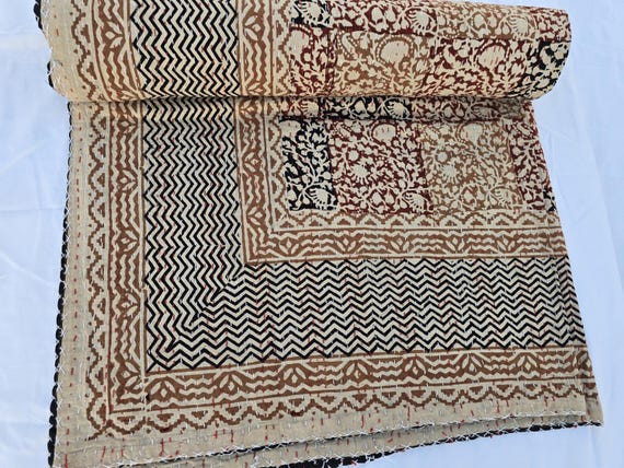 Floral Kantha Quilt Handblock Print floral Kantha Indian  Netural Colour Indian inspired Bedding Hand Stitched bedding kantha Quilt throw