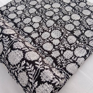 White Floral Kantha Quilt Handblock Print Black& white floral Kantha Indian Netural Colour Indian inspired Bedding Hand Stitched Rural throw