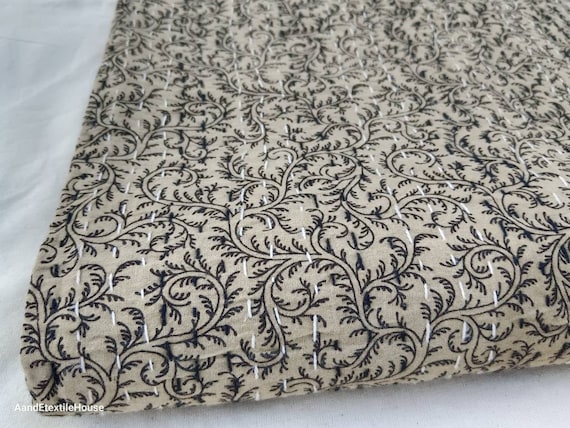 Kantha Quilt Beige Kantha Quilt Handblock Print floral Kantha Indian Beddding Netural Colour Indian inspired Bedding wholesale Available