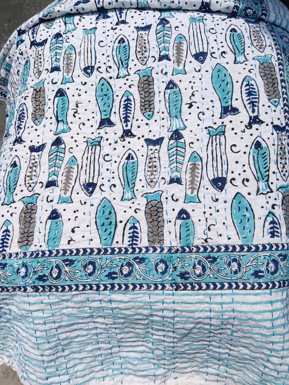 Fish Pattern kantha Quilt Queen Kantha Quilt Fish kantha Quilt Indian Fish Quilt Handmade Fish block print quilts - fish ocean nautical