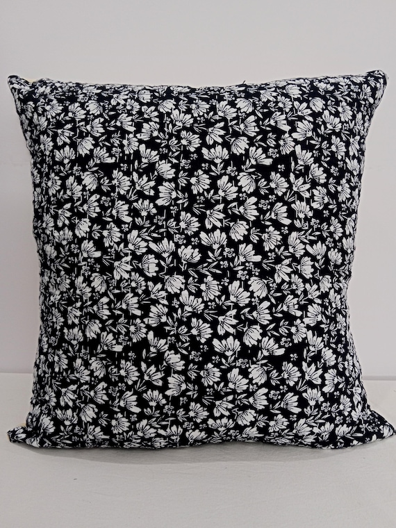 Black and White Hand Block Print Pillow Cover: Handmade Kantha Stitched Cotton Cushion