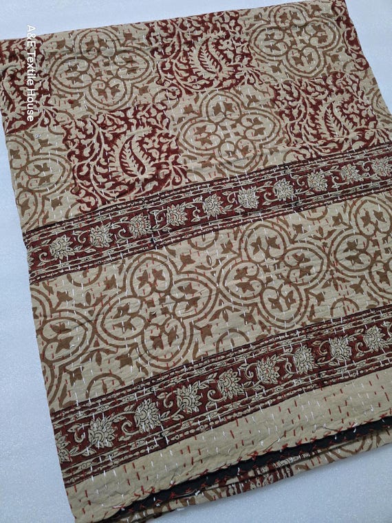 Hand Block Print Kantha Quilt: Floral Indian Cotton Bedding