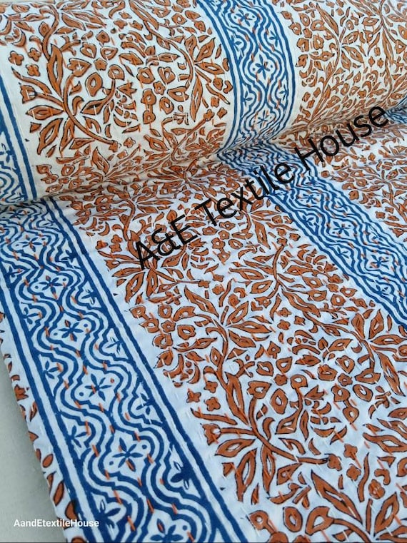 Kantha Quilt Handblock Print floral Kantha Indian Netural Colour Indian inspired Bedding Hand Stitched Rural Quilted