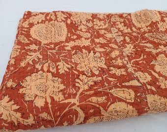 Block Print Quilt Vintage Bedding Hand Stitched Kantha Quilt, Floral Design Bedspread