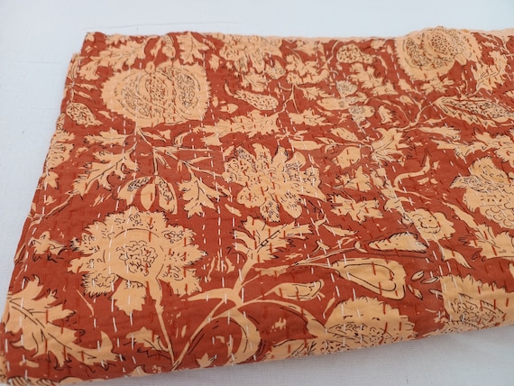 Hand Stitched Kantha Quilt, Floral Design, Vintage Indian Bedding