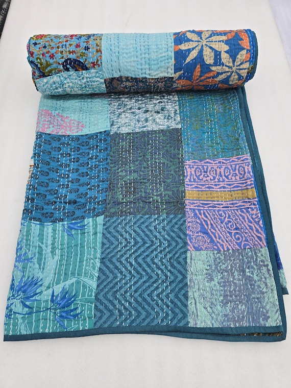 Indian Silk Patola Patchwork Handmade Kantha Quilt Assorted Patchwork Kantha Handmade Indian Throw Blanket Home Decor,