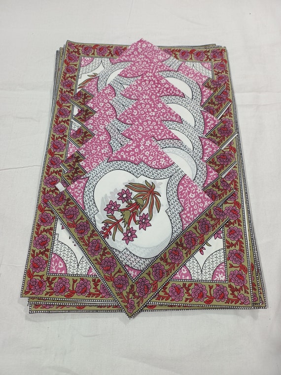 Premium Hand Block Printed Rectangle Table Cover Matching Table Runner With Napkins for 6 Seater Dinning Table Cloth Mat Set, Christmas Gift