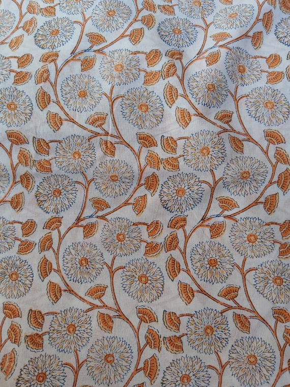 Hand blocked Cotton Orange floral fabric print block printed light weight fabric upholstery fabric cotton fabric Kid's Crafting preppy