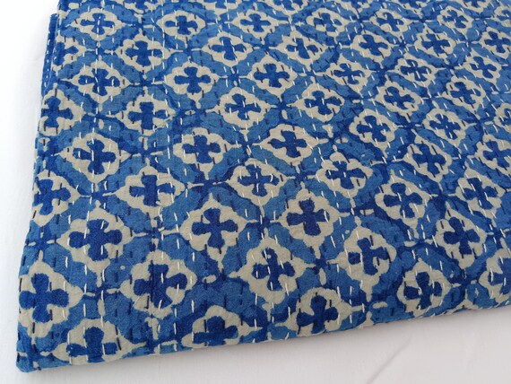 Indigo Blue Kantha Quilt, Handmade Cotton Floral Throw, Boho Bedspread, Indian Bedding