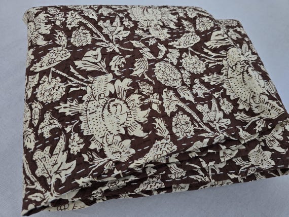 Dark Brown Kantha Quilt Block Print Quilt Indian Cotton Throw Coffee Brown Quilt Two-Layer Hand-Stitched Throw Blanket, Vintage Style