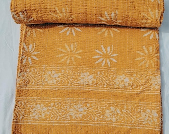 Floral Kantha Quilt Block Print Quilt Hand-stitched Quilt Cotton Bedspread Mustard Yellow