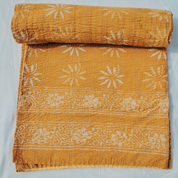 Floral Kantha Quilt, Hand-stitched Indian Cotton Bedspread, Mustard Yellow Bed Cover
