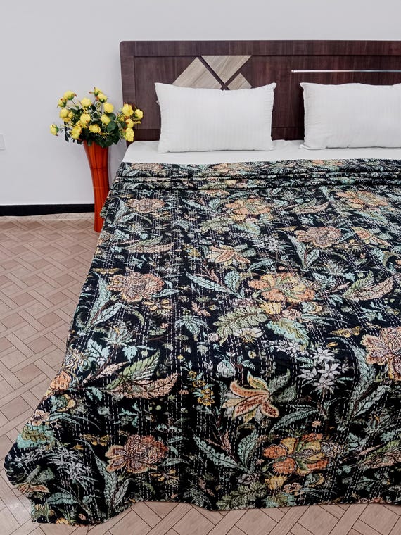 Elisa Kantha Quilt Handmade Flowers Print Kantha Indian Netural Colour Indian inspired Bedding Hand Stitched Rural Kantha Quilt