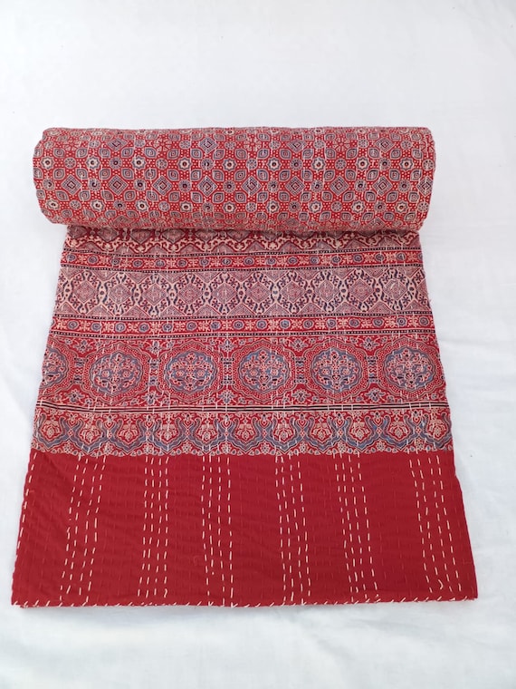 Ajrak or Ajrakh is a unique block printed textile. It displays special traditional designs and patterns Ajrak Vintage design kantha quilt