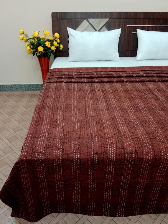 Chocolate Brown Kantha Quilt Vintage Design  Kantha Quilt Handblock Print Indian Netural Colour floral print Quilt Hand Stitched Natural