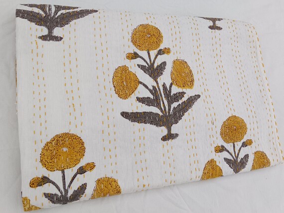 Floral Print Kantha Quilt Leaf Bedding Cotton Bedspread