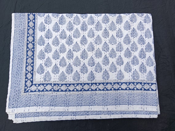 Blue & White Floral Kantha Quilt: Handmade Indian Cotton King Quilt