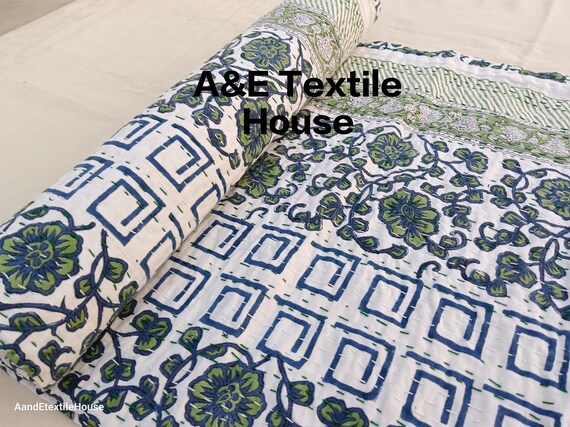 Green Floral Unique Stylen Kantha Quilt Handblock Print floral Kantha indian block print quilt Green Floral Kantha quilt patterns kantha
