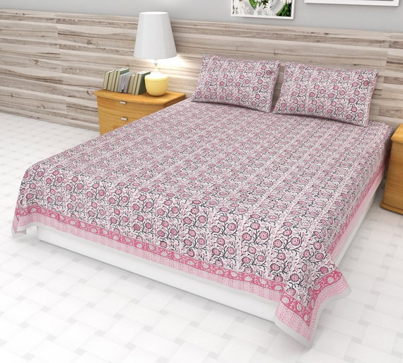 Premium Floral Kantha Quilt Hand block Print floral Kantha Indian Pink Natural Color Indian inspired Hand Stitched bedding Boho Soft Blanket