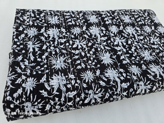 Kantha Quilt Handblock Print floral Kantha Indian Netural Colour Indian inspired Bedding Hand Stitched Rural Quilted Bedspreads
