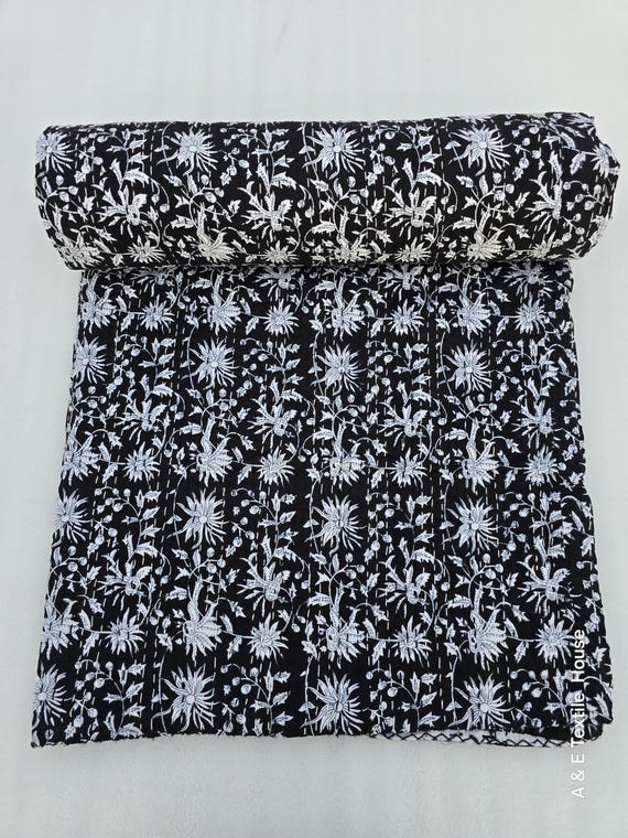 Black Floral Kantha Quilt: Block Print Quilt Indian Bedding Cotton Bedspread