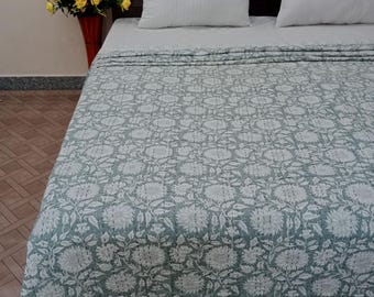Gray Floral Kantha Quilt Grey Beddng Cotton Bedspread Grey Throw Blanket