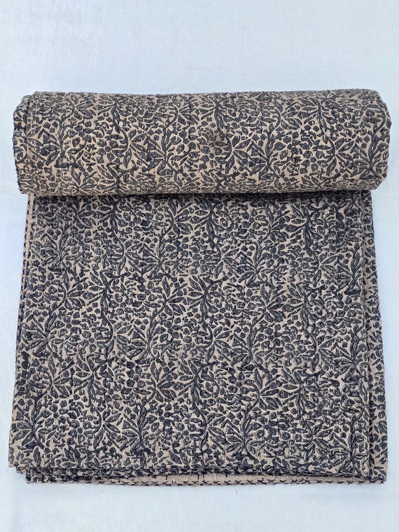 Floral Kantha Quilt, Vintage Block Print Bedding, Handmade Cotton Bedspread