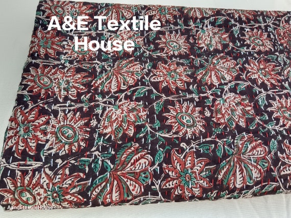Unique Designs Floral Kantha Quilt Handblock Print floral Kantha Indian Block Print Queen Size Quilt Hand Stitched light weight quilted