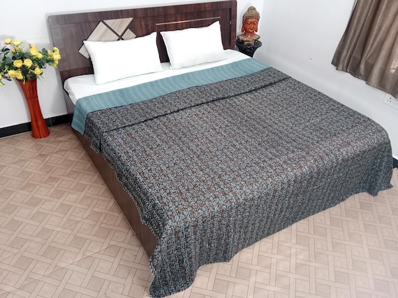 Handmade Kantha Quilt, Vintage Floral Block Print Bedding Vintage Bedding Quilt Gorgeous Quilt that has the Perfect Vintage look